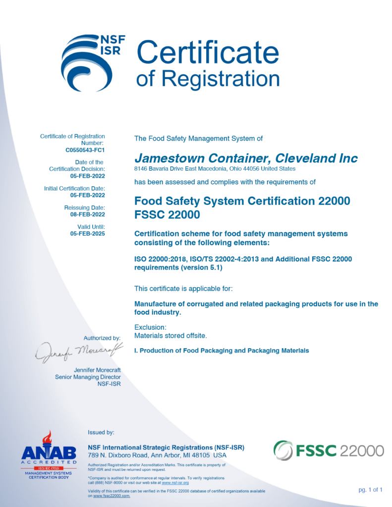 JCC Cleveland FSSC 22000 Certification